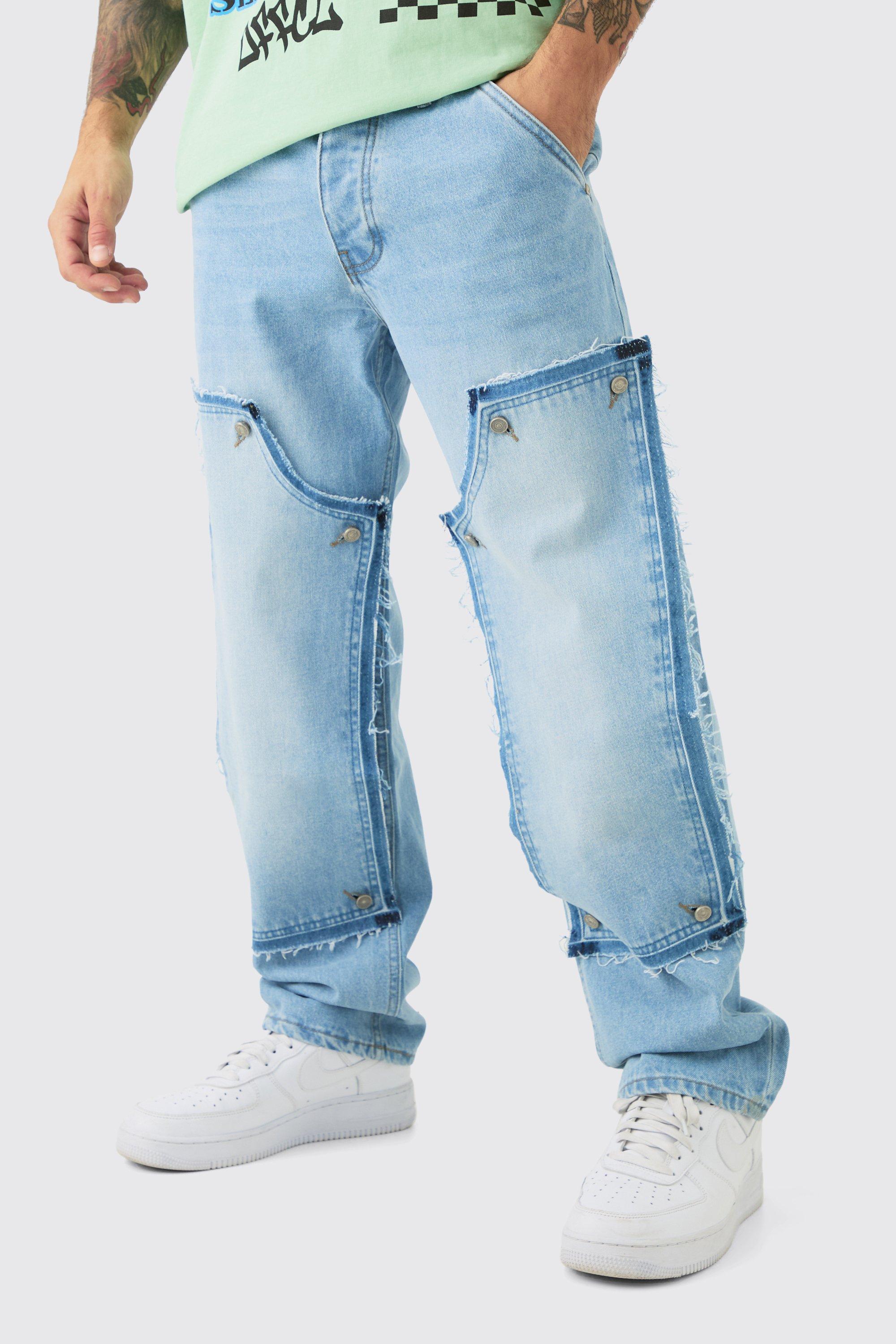 Mens Relaxed Rigid Removable Carpenter Panel Jeans In Light Blue, Blue